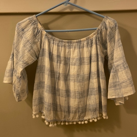 Abbeline Blue and White Checkered Off The Shoulder Top XS - Picture 1 of 13